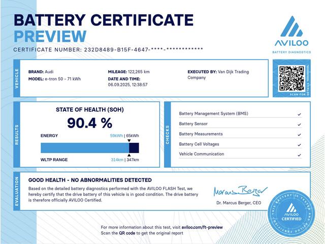 Audi e-tron 50 Quattro Business Edition Plus ?SOH 90.4% ?Panoramadak ?Vol Leder ?Luchtvering ?Full LED ?Elektrische Achterklep ?Parkeersensoren ?Trekhaak