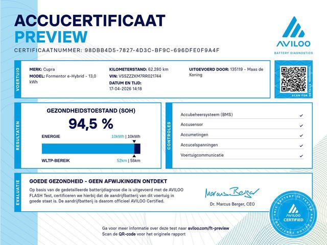 Cupra Formentor 1.4 204pk DSG e-Hybrid Adrenaline · SOH 94,5% · Camera · Panoramadak · Apple/Android Car Play · Dodehoek Detectie · 18'' Inch ·