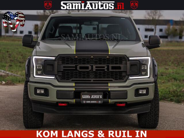 Dodge RAM PICKUP FORD F150 5.0 V8 4X4 | MAT OLIVE GREEN | BIJTELLING VRIJ | ZEER DIK | CAMERA | 3500KG | PANORAMA | LEDER | GO RHINO ROLLBAR | CRUISE CONTROL | PRINS LPG | BAKFLIP COVER | Deze pick-up is leverbaar met zowel een groot rijbewijs (C) als een klein rijbewijs 