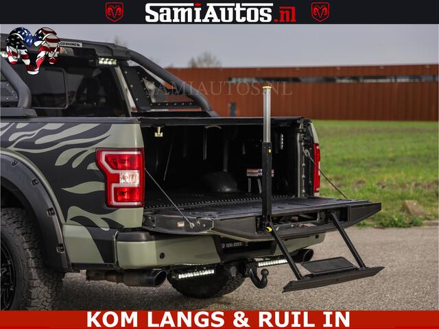 Dodge RAM PICKUP FORD F150 5.0 V8 4X4 | MAT OLIVE GREEN | BIJTELLING VRIJ | ZEER DIK | CAMERA | 3500KG | PANORAMA | LEDER | GO RHINO ROLLBAR | CRUISE CONTROL | PRINS LPG | BAKFLIP COVER | Deze pick-up is leverbaar met zowel een groot rijbewijs (C) als een klein rijbewijs 