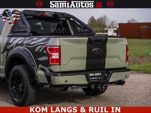 Dodge RAM PICKUP FORD F150 5.0 V8 4X4 | MAT OLIVE GREEN | BIJTELLING VRIJ | ZEER DIK | CAMERA | 3500KG | PANORAMA | LEDER | GO RHINO ROLLBAR | CRUISE CONTROL | PRINS LPG | BAKFLIP COVER | Deze pick-up is leverbaar met zowel een groot rijbewijs (C) als een klein rijbewijs 