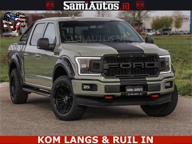 Ford F-150 5.0 V8 4X4 | MAT OLIVE GREEN | BIJTELLING VRIJ | ZEER DIK | CAMERA | 3500KG | PANORAMA | LEDER | GO RHINO ROLLBAR | CRUISE CONTROL | PRINS LPG | BAKFLIP COVER | Deze pick-up is leverbaar met zowel een groot rijbewijs (C) als een klein rijbewijs (B). Laat 