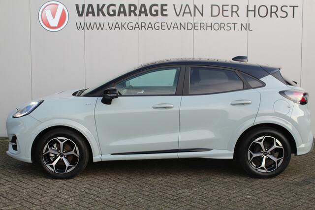 Ford PUMA 1.0-125pk EcoBoost Mild-Hybrid ST-Line. Mooie luxe hoogzitter ! Slechts 9.900km ! Autm. airco, adapt. cruise control, stoel-, stuur- en voorraamverw., navigatie, telefoonvoorb., LM wielen, elektr. achterklep, LED verl., camera 360gr, pdc v+a etc.