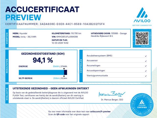 Hyundai IONIQ Comfort EV 38 kWh | SOH: 94,1% | 311km WLTP | Adaptive CC | Full LED | Navi |