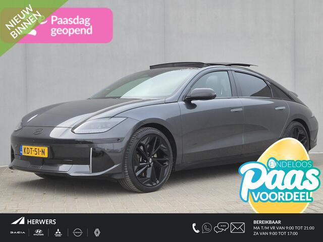 Hyundai IONIQ 6 First Edition AWD 77.4 kWh Automaat / Accu SOH 100% / Dealer onderhouden / Fabrieksgarantie tot 02-2028 / WLTP bereik 519 km bereik stad 658 km / CCS snellader / Trekgewicht 1500 kg / Elektrische achterklep / Glazen schuif- en kanteldak / Stuur- Stoel &