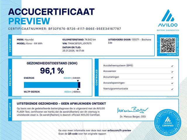 Hyundai Kona EV Fashion 64 kWh | SoH 96,1% | Stoelverwarming | Navigatie | Achteruitrijcamera |
