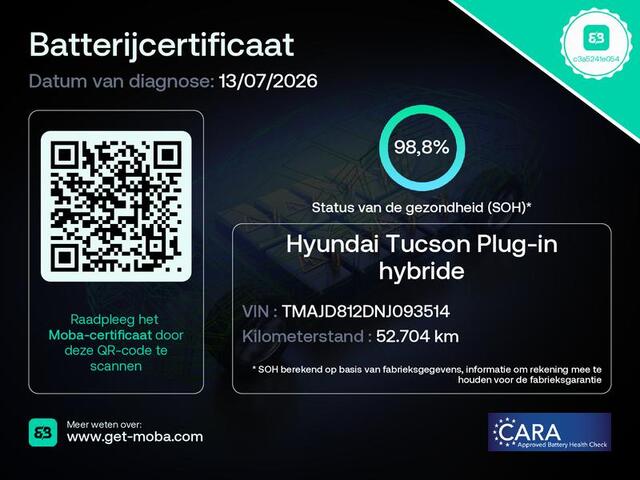Hyundai TUCSON 1.6 T-GDI PHEV Comfort Smart 4WD / 99% SOH / Fabrieksgarantie tot 04-2027 / WLTP 62km / Navi / Apple Carplay Android / Stuur- en stoelverwarming / Adapt. CC / 19" LM wielen /
