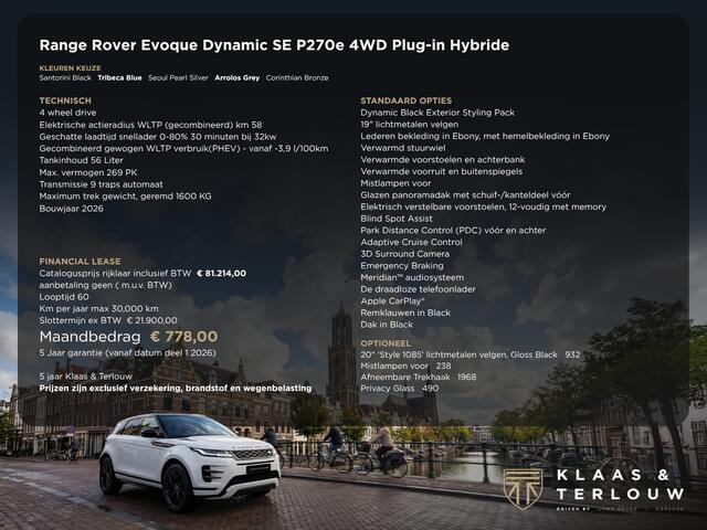 Land Rover RANGE ROVER EVOQUE 1.5 P270e PHEV AWD Dynamic SE | Black Pack | Schuifkanteldak | 20'' High Gloss wielen