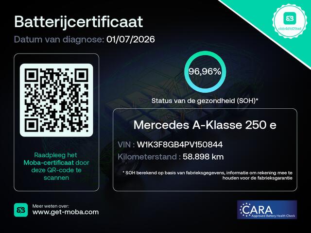 Mercedes-Benz A-KLASSE 250 e AMG Line | Panoramadak | Stoelverwarming | Keyless | Head-Up Display | 360 Camera | Apple Carplay | Ambiance Verlichting | Adaptive Cruise Control | Navigatie | DAB | Multibeam LED | SOH 96,96%