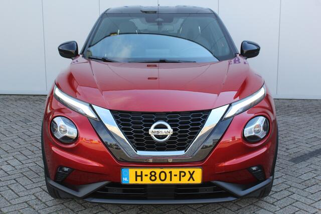 Nissan JUKE 1.0-117pk DIG-T Tekna. Keurig nette, erg luxe en goed onderhouden Nissan Juke, van 1e eig. Autm. airco, LM wielen, metallic lak two tone, stoelverwarming, lane- en side assist, 360gr. camera, trekhaak, LM wielen, navigatie, telefoonvoorb., cruise cntrl et