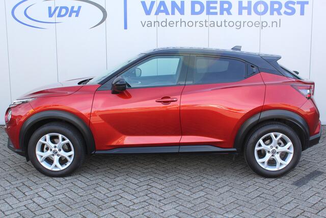 Nissan JUKE 1.0-117pk DIG-T Tekna. Keurig nette, erg luxe en goed onderhouden Nissan Juke, van 1e eig. Autm. airco, LM wielen, metallic lak two tone, stoelverwarming, lane- en side assist, 360gr. camera, trekhaak, LM wielen, navigatie, telefoonvoorb., cruise cntrl et