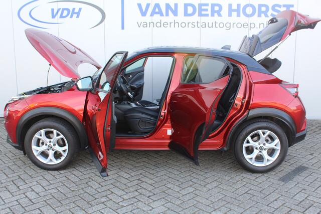 Nissan JUKE 1.0-117pk DIG-T Tekna. Keurig nette, erg luxe en goed onderhouden Nissan Juke, van 1e eig. Autm. airco, LM wielen, metallic lak two tone, stoelverwarming, lane- en side assist, 360gr. camera, trekhaak, LM wielen, navigatie, telefoonvoorb., cruise cntrl et