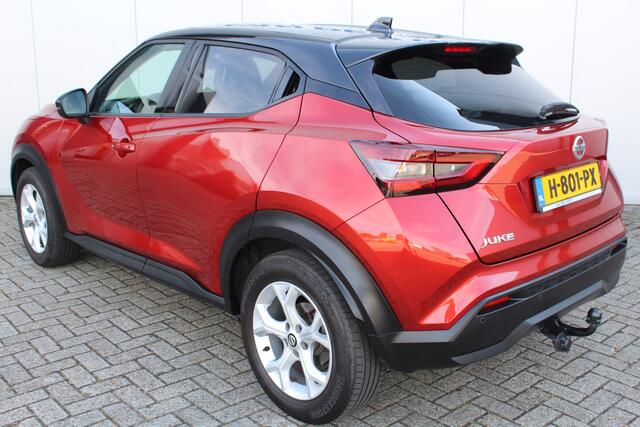 Nissan JUKE 1.0-117pk DIG-T Tekna. Keurig nette, erg luxe en goed onderhouden Nissan Juke, van 1e eig. Autm. airco, LM wielen, metallic lak two tone, stoelverwarming, lane- en side assist, 360gr. camera, trekhaak, LM wielen, navigatie, telefoonvoorb., cruise cntrl et