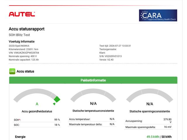 Opel MOKKA Electric GS 50 kWh / SOH 99% / Comfort-pakket / Stuur- & Stoelverwarming / CCS snelladen / Warmtepomp / Achteruitrijcamera / Cruise control / Parkeersensoren achter / Climate control / Keyless Start /