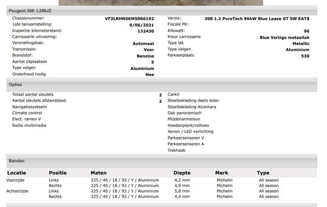 Peugeot 308 SW 1.2 131PK GT Automaat / Distributie vv.bij 102.000KM / Trekhaak / 1/2 Leder / Pdc+Camera / Navi./ Xenon / / Apk 06-2027