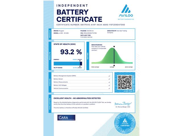 Peugeot e-208 EV GT 350 50 kWh ?SOH 93.2% ?3-Fase ?Full LED ?Stoelverwarming ?Sfeerverlichting ?Navigatie ?Camera ?Half Leder ?Lichtmetaal 17" ?Parkeersensoren
