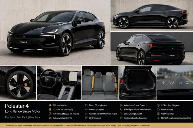 Polestar 4 Long Range Single motor 100 kWh Plus/Pro/Pilot PANORAMADAK + MIST TAILORED KNIT + WARMTEPOMP + AUTOPILOT + 360 CAMERA + PIXEL LED + HARMAN/KARDON + STOEL-&STUURVERWARMING + 22KW LADER + HEAD-UP + PARKSENSOREN + 21" LM-VELGEN!!