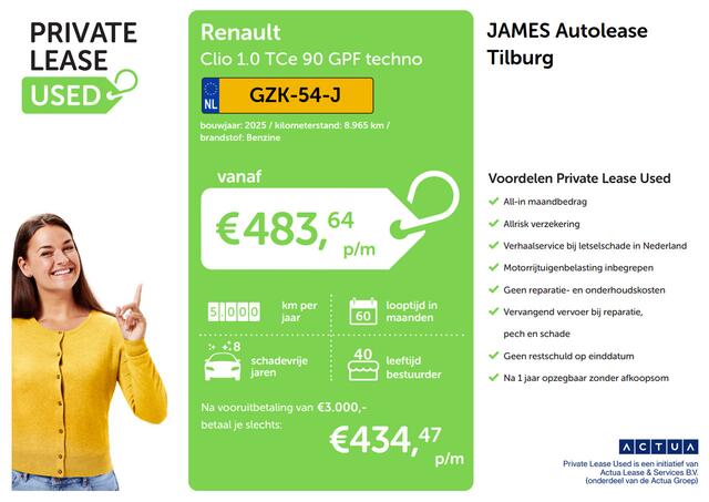 Renault CLIO 1.0 TCe 90 GPF techno PRIVATE LEASE vanaf ¤ 434 pm*