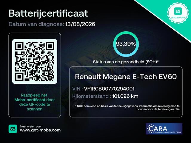 Renault MEGANE E-Tech EV60 Optimum Charge Iconic / Dealer onderhouden / SoH 93,39 % / Navigatie / Apple Carplay Android / Elektrische stoelen met lende ondersteuning / Stuur- & stoelverwarming / 20" LM wielen & All Season banden /