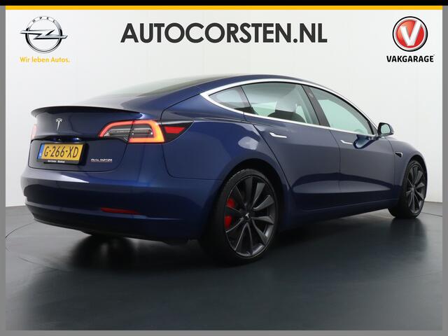 Tesla Model 3 Performance 513pk 3,4 sec 0-100 ! 20"lm FSD-computer 3 AutoPilot Carbon-Spoiler Premium-HiFi Pano.dak Camera Leer Adaptive-Cruise+Stop&Go PDC-A+Voor Wifi Ecc Pdc Cruise Dual Motor! Long Range 75 kWh Stoel en achterbank verwarming Keyless/G Navigatiesystee