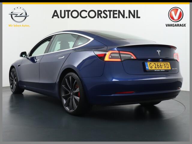 Tesla Model 3 Performance 513pk 3,4 sec 0-100 ! 20"lm FSD-computer 3 AutoPilot Carbon-Spoiler Premium-HiFi Pano.dak Camera Leer Adaptive-Cruise+Stop&Go PDC-A+Voor Wifi Ecc Pdc Cruise Dual Motor! Long Range 75 kWh Stoel en achterbank verwarming Keyless/G Navigatiesystee