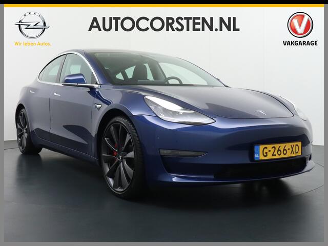 Tesla Model 3 Performance 513pk 3,4 sec 0-100 ! 20"lm FSD-computer 3 AutoPilot Carbon-Spoiler Premium-HiFi Pano.dak Camera Leer Adaptive-Cruise+Stop&Go PDC-A+Voor Wifi Ecc Pdc Cruise Dual Motor! Long Range 75 kWh Stoel en achterbank verwarming Keyless/G Navigatiesystee