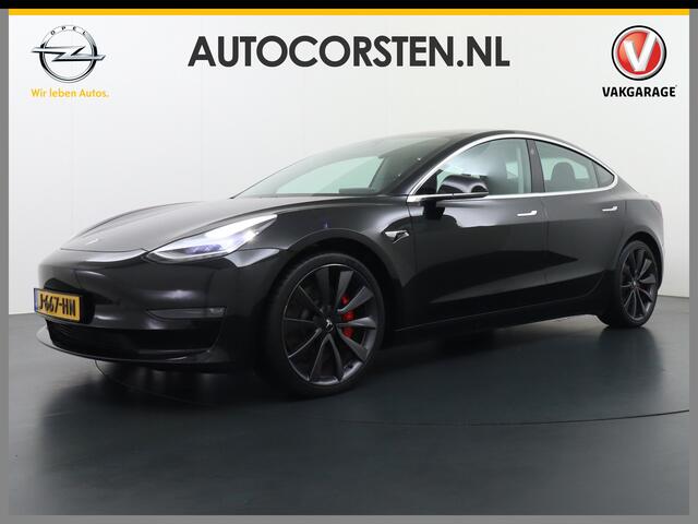 Tesla Model 3 Performance 513pk 20" AutoPilot Pano.dak Adaptive Cruise Camera''s Leer PDC-A+Voor Wifi Ecc Pdc Dual Motor ! Elektr.-A-Klep+Stuur+Verst.Stoel+Geheugen, Easy Entry Stoel+Bank-Verwarmd Keyless carbon spoiler rode remklauwen Long Range accu WiFi Voorbereid.