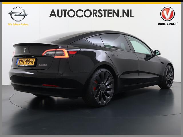 Tesla Model 3 Performance AWD 513PK Facelift Warmtepomp Lmv 20" Panoramadak Adap.Cruise Elek.Verwarmde Stoelen+Memory Inductieladen Navi Camera's Ecc Leder SOH 85.6% Led Pdc Privacy Glas Elek.Achterklep Keyless 4WD Fabrieksgarantie op Accu en Motor tot 18-02-2029/192.0