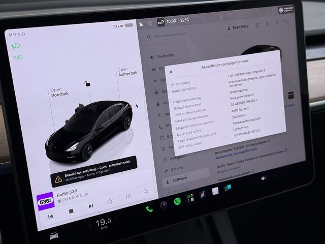 Tesla Model 3 Long Range RWD 75 kWh SOH 93% Warmtepomp Panoramadak Navi Camera's Leder Memory Stuur+Stoelverwarming Traffic-Aware Cruise Control AMD Ryzen(TM) Elek.Achterklep Led