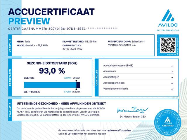 Tesla Model Y Long Range AWD 75 kWh / 93 SOH / BTW / Autopilot / Pano /Camera / Stoelverwarming /