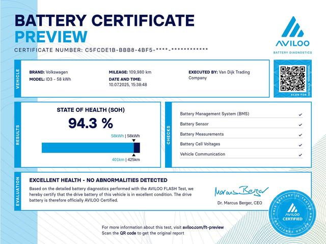 Volkswagen ID.3 First Plus 58 kWh ?SOH 94.3% ?Matrix LED ?Full LED ?Alcantara ?Sfeerverlichting ?Navigatie ?Camera ?Trekhaak ?Lichtmetaal 19" ?Parkeersensoren