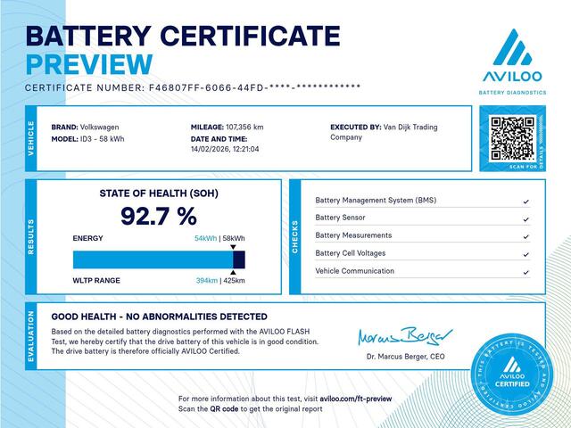 Volkswagen ID.3 First Plus 58 kWh ?SOH 92.7% ?Rijklaarprijs ?Matrix LED ?Full LED ?Alcantara ?Sfeerverlichting ?Navigatie ?Camera ?Lichtmetaal 19" ?Parkeersensoren