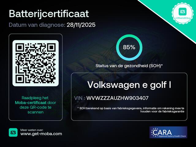 Volkswagen e-Golf Automaat Navi Ecc Climatronic Stoelverwarming Cruise Control Pdc Lmv Led Privacy Glas Regen-Lichtsensor Bluetooth Isofix SOH 85%