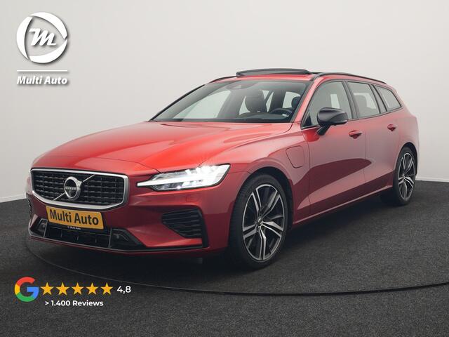 Volvo V60 T6 Twin Engine AWD R-Design Plug In Hybrid 340pk Dealer O.H. PHEV | Trekhaak Af Fabriek | Panodak | Head Up | Adaptive Cruise | 360 Camera | Lederen Sportstoelen Memory & Verwarmd | Apple Carplay | Stuur Verwarmd | Blis | Keyless | Navigatie | DAB |