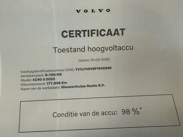 Volvo XC90 2.0 T8 Recharge AWD Ultimate Dark | SOH:98% | HUD | Long Range | Schuif/Kantel Panoramadak | Power Seats | Memory | Harman/Kardon | Adaptive Cruise | Standkachel | Extra getint glas | 360º Camera | Stoel/Stuur verwarming |