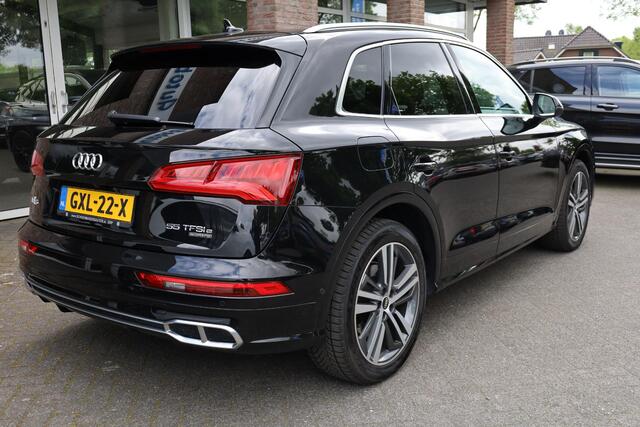 Audi Q5 50 TFSI e quattro S-Edition 299PK! PANO LEER/NAPPA+MEMORY COCKPITVIEW Luchtvering TREKHAAK-ELEK 360-CAMERA 20"LMV ACHTERKLEP-ELEK 2xPDC STOELVERW. ZWARTE-HEMEL ENZ!