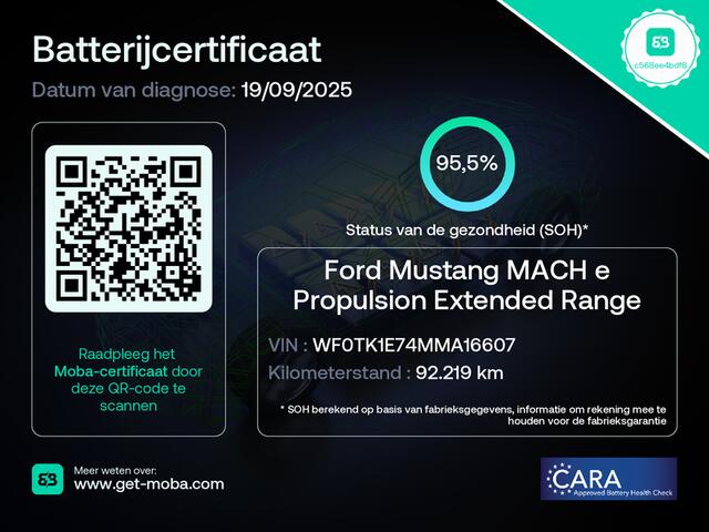 Ford MUSTANG Mach-E Extended RWD 98kWh 301PK SOH 95.5% Leder Adaptive Cruise Stop&Go Apple Carplay Android Auto 360°Camera Active Braking/Pre-Collision PDC Sync4A Lmv B&O®-HiFi Qi-laden LED Blindspot warning Stoel+Stuurverwarming Ecc Elektr.Achterklep Driver Alert War