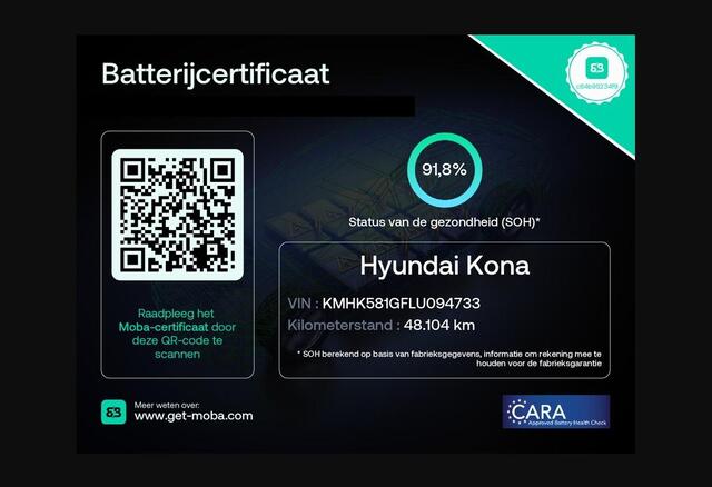 Hyundai Kona PRIMIUM EV 64 KWH 1e EIG ACCU 92% GARANTIE 10-2030 BEREIK 466 KM ! LEDER. STUUR/STOEL VERWARMING.DODE HOEK DETECTIE