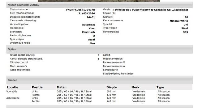 Nissan Townstar N-Connecta L2 45 kWh 100% EV. / Pdc.+Camera / Airco-ecc./ Radio-multimedia / Schuifdeur rechts / WLTP-actieradius: ca. 285 km