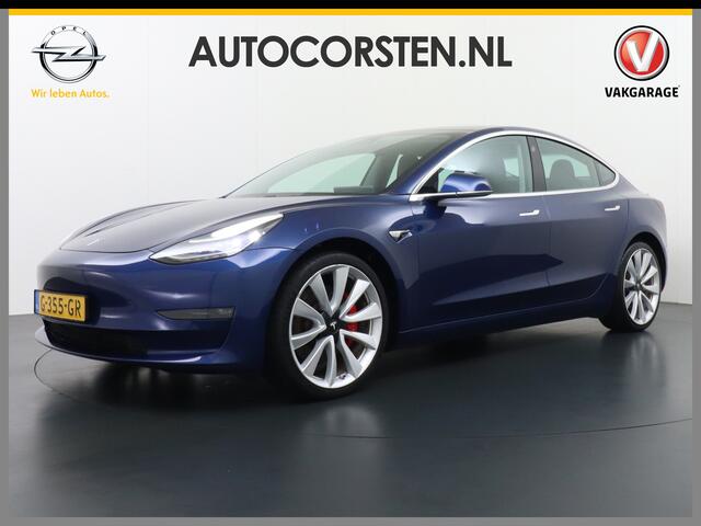 Tesla Model 3 Performance AWD 513pk FSD-MEEGELEVERD PAKKET! ¤71.440,- nieuw! 0-100kmh 3.4sec! Lmv-20" AutoPilot Carbon-Spoiler Full Self-Driving Capability (=autonome parkeerfunctie, autopilot, zelfstandige rijstrookwissel ¤ 6.400) Premium-HiFi Pano.dak Camera Leer Ada