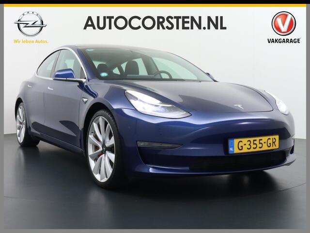 Tesla Model 3 Performance AWD 513pk FSD-MEEGELEVERD PAKKET! ¤71.440,- nieuw! 0-100kmh 3.4sec! Lmv-20" AutoPilot Carbon-Spoiler Full Self-Driving Capability (=autonome parkeerfunctie, autopilot, zelfstandige rijstrookwissel ¤ 6.400) Premium-HiFi Pano.dak Camera Leer Ada