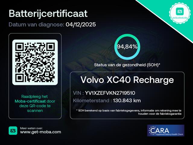 Volvo XC40 232pk Recharge Pro 70KwH Pano-Dak SOH 95% Adaptive-Cruise 20" Elektr.-Leer/Alcantara+Verwarmd+Memory Warmtepomp Harman&Kardon®-Hifi Camera Apple Carplay Android Auto Navi Ecc Pdc Led Elek.Achterklep Keyless Full Led Origineel NLse auto! ¤ 54.000,- nieuw.